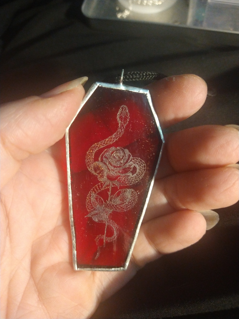 Red Snake & Rose Stained Glass Coffin Pendant - Gothic Gargoyle